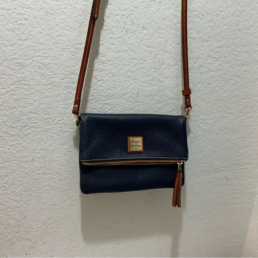 New Dooney BOURKE Pebble Grain Foldover Zip Crossbody Blue brown